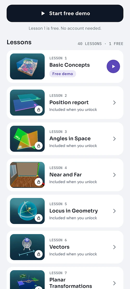 Lesson list of Geometry, with lessons that unlock after purchase