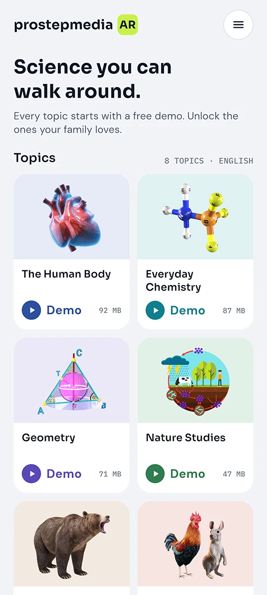 The app’s home screen with the eight topics
