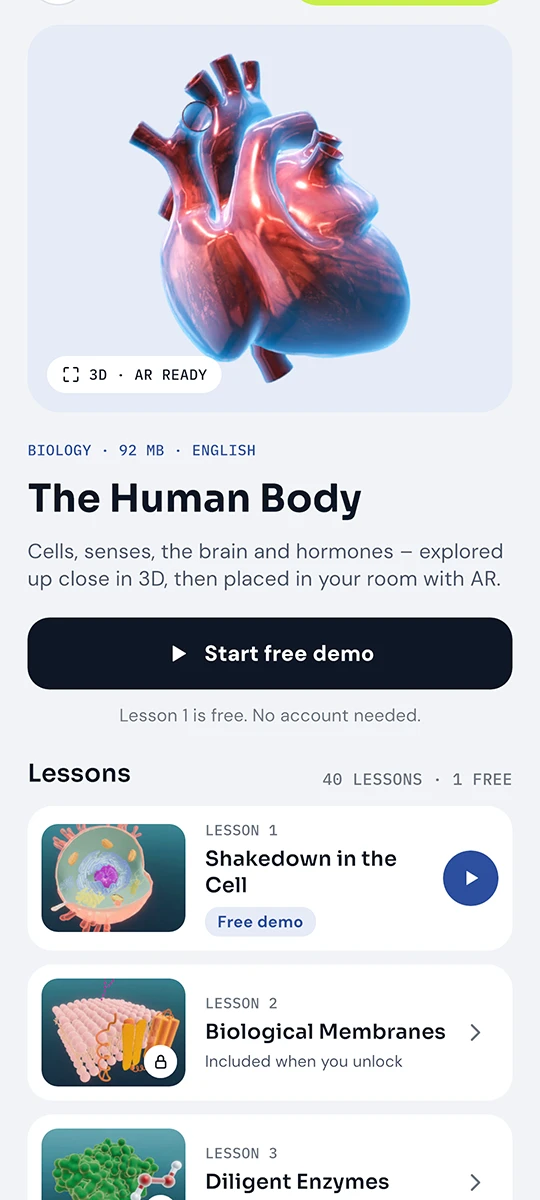 The Human Body topic in the prostepmediaAR app, with its free first lesson