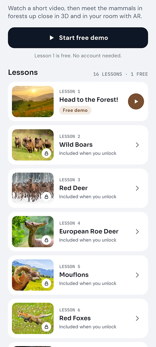 Lesson list of Mammals in Forests, with the first lesson marked as a free demo